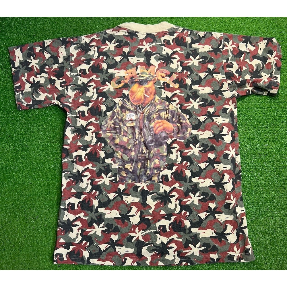 Vintag‎ Joe Camel Camo Pocket Tee LG Single Stitch 90s Black Red Cigarettes Ad.